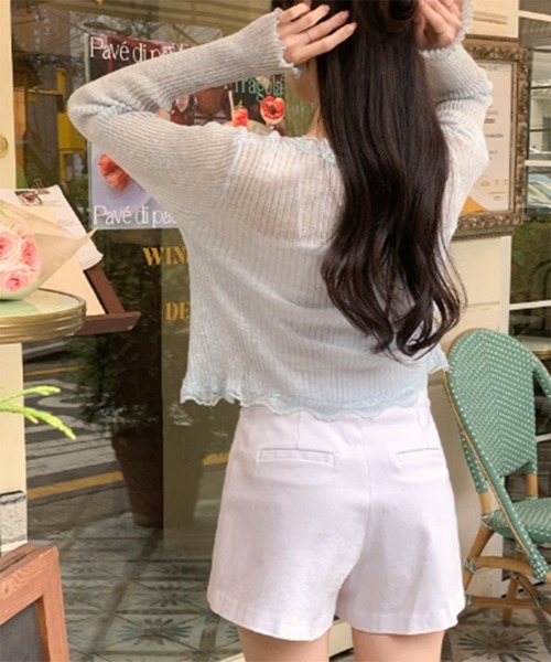 by muni:r（バイ ムニール）の「レースリブカーディガントップス（カーディガン/ボレロ・レディース・ベージュ/グレー/ブルー/アイボリー/ブラック/パープル/オレンジ/ピンク・FREE）」の14枚目の写真