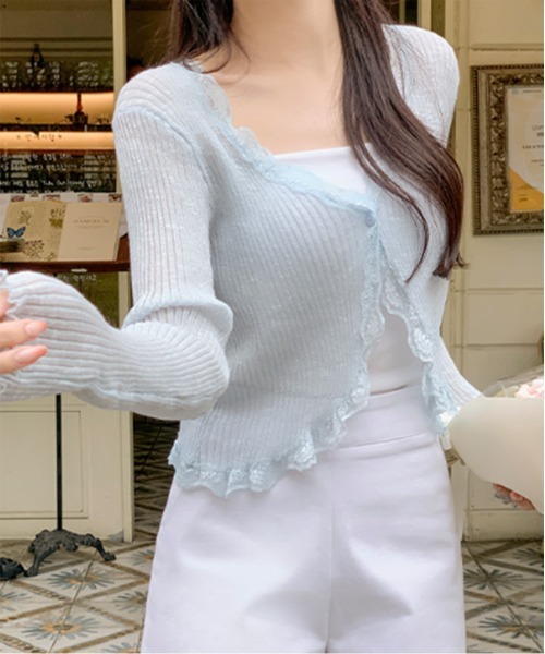 by muni:r（バイ ムニール）の「レースリブカーディガントップス（カーディガン/ボレロ・レディース・ベージュ/グレー/ブルー/アイボリー/ブラック/パープル/オレンジ/ピンク・FREE）」の17枚目の写真