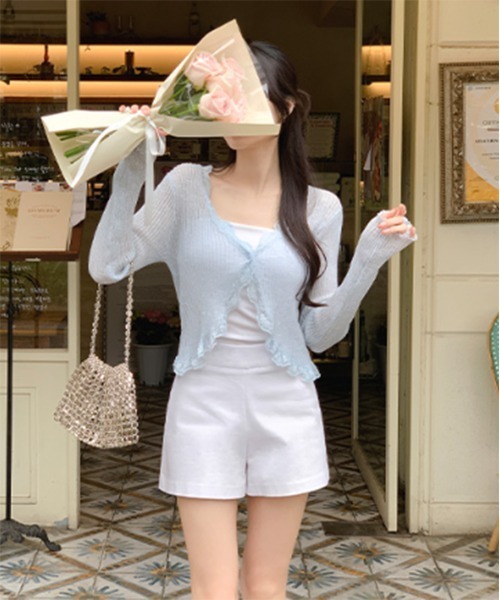 by muni:r（バイ ムニール）の「レースリブカーディガントップス（カーディガン/ボレロ・レディース・ベージュ/グレー/ブルー/アイボリー/ブラック/パープル/オレンジ/ピンク・FREE）」の18枚目の写真