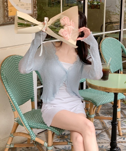 by muni:r（バイ ムニール）の「レースリブカーディガントップス（カーディガン/ボレロ・レディース・ベージュ/グレー/ブルー/アイボリー/ブラック/パープル/オレンジ/ピンク・FREE）」の20枚目の写真