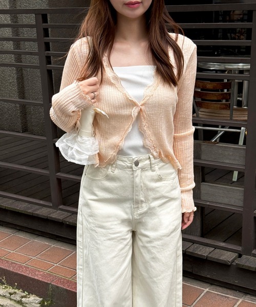 セール】レースリブカーディガントップス（カーディガン/ボレロ）｜by