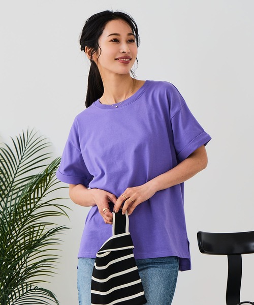 LB/S (エルビーエス)の「【汗染みの目立ちにくいTシャツ ZEROSTAIN/ゼロステイン】ロールカフサイドスリットTシャツ 撥水・防汚加工 涼しい・透けにくい サイドスリット(Tシャツ/カットソー・レディース・スミクロ/ダークグリーン/ブラック/ホワイト/パープル・LARGE/MEDIUM)」の5枚目の写真