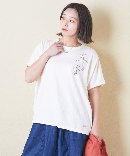 CUBE SUGAR（キューブシュガー）の「32/-スラブ天竺ロゴ刺繍ドルマンTシャツ（Tシャツ/カットソー・レディース・ブルー/オレンジ/ナチュラル/スミクロ・M）」の5枚目の写真