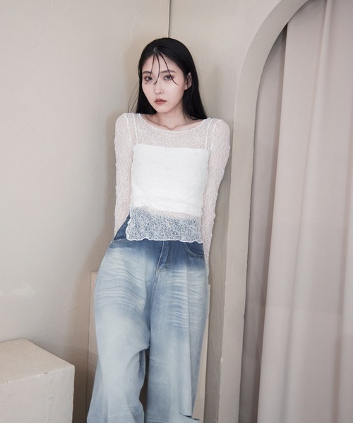 Y/lim(イリム)の「裾スリットメッシュレーストップス(Tシャツ/カットソー・レディース・オフホワイト/ブラック/ベージュ/グレイッシュベージュ・M/L)」の22枚目の写真