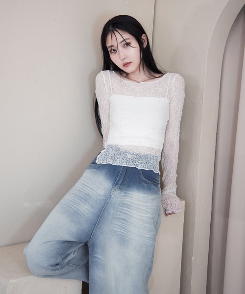 Y/lim(イリム)の「裾スリットメッシュレーストップス(Tシャツ/カットソー・レディース・オフホワイト/ブラック/ベージュ/グレイッシュベージュ・M/L)」の17枚目の写真
