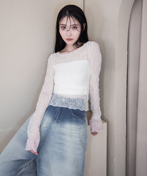 Y/lim(イリム)の「裾スリットメッシュレーストップス(Tシャツ/カットソー・レディース・オフホワイト/ブラック/ベージュ/グレイッシュベージュ・M/L)」の16枚目の写真