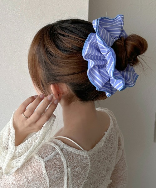 黒と白ストライプ シュシュ Jewel VOX シュシュ 黒 レディース ヘアアクセサリー グログラン