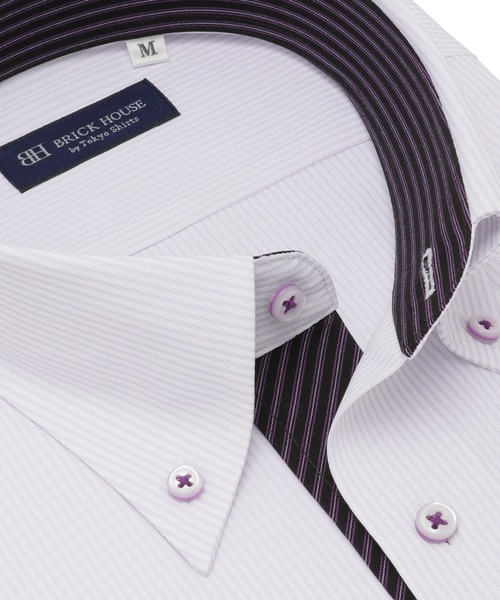 TOKYO SHIRTS(トウキョウシャツ)の「形態安定ノンアイロン ボタンダウン 半袖ストレッチビジネスワイシャツ(ビジネスシャツ・メンズ・パープル・首回り41cm/首回り39cm/首回り37cm/首回り42cm/首回り43cm)」の2枚目の写真