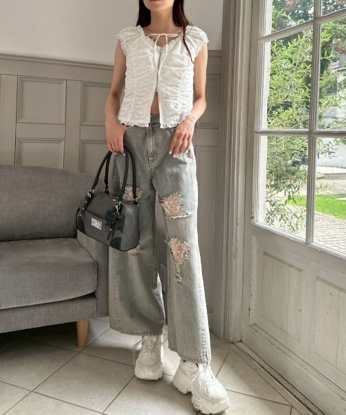 OLIVE des OLIVE(オリーブデオリーブ)の「フリルリボンジップトップス(シャツ/ブラウス・レディース・レッド/グレー/オフホワイト・FREE)」の8枚目の写真