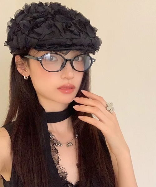 shopnikoniko（ショップニコニコ）の「ハンチング帽 夏 チュールローズ ベレー帽 ハンチング帽子（ハンチング/ベレー帽・レディース・ブラック・フリー）」の4枚目の写真