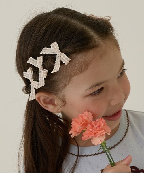 Lycee mine（リセマイン）の「チェックリボンちびヘアクリップ6Pセット（バレッタ/ヘアクリップ・キッズ・ブラック/ベージュ/レッド/ピンク・F）」の2枚目の写真
