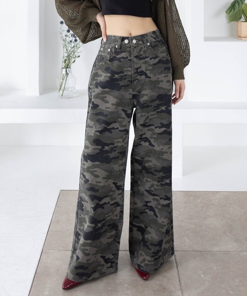 セール】【低身長用サイズ有】迷彩柄ワイドパンツ［韓国ファッション