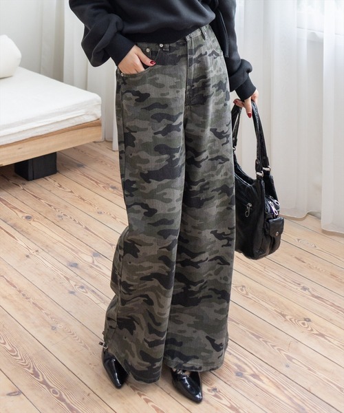 セール】【低身長用サイズ有】迷彩柄ワイドパンツ［韓国ファッション