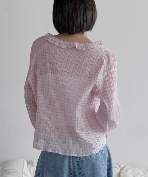 UNE MANSION(ユヌマンション)の「フロントフリルシースルーラブリーチェックカーディンブラウス(シャツ/ブラウス・レディース・ピンク/ブラック・FREE)」の7枚目の写真