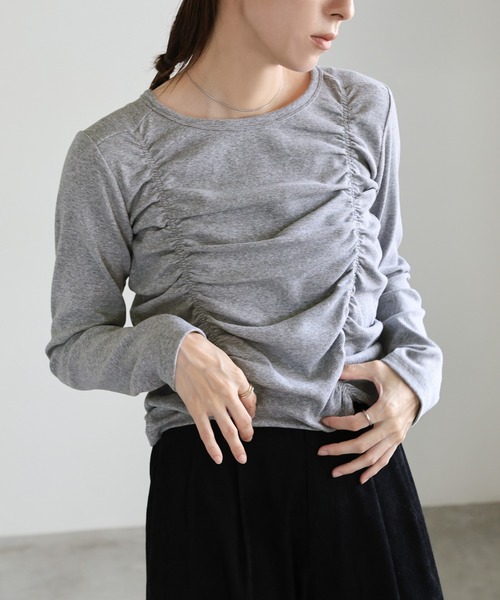 select MOCA(セレクトモカ)の「ダブルギャザーデザイントップス(Tシャツ/カットソー・レディース・グレー/アイボリー/ブラック/チャコールグレー・FREE)」の4枚目の写真