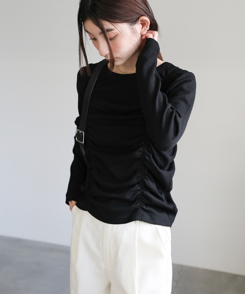 select MOCA(セレクトモカ)の「ダブルギャザーデザイントップス(Tシャツ/カットソー・レディース・グレー/アイボリー/ブラック/チャコールグレー・FREE)」の10枚目の写真