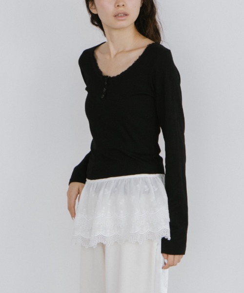 duei（デュイ）の「レースヘンリーネックロングスリーブトップス（Tシャツ/カットソー・レディース・ホワイト/ブラック・FREE）」の14枚目の写真