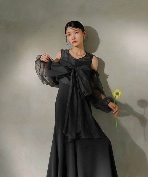 Kana（カナ）の「リボン チュール トップス Aライン ワンピース ドレス 2点セット パーティー 結婚式 お呼ばれ オケージョンドレス（ドレス・レディース・ライトグレー/ブラック系その他2/チャコールグレー・M）」の2枚目の写真