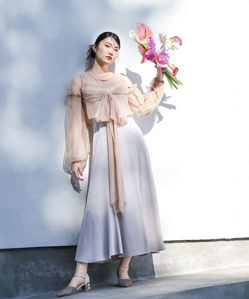 Kana（カナ）の「リボン チュール トップス Aライン ワンピース ドレス 2点セット パーティー 結婚式 お呼ばれ オケージョンドレス（ドレス・レディース・ライトグレー/ブラック系その他2/チャコールグレー・M）」の3枚目の写真