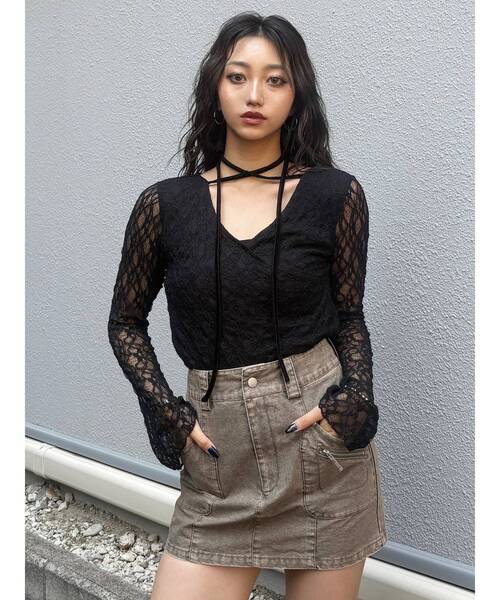 MURUA（ムルーア）の「カシュクールレーストップス（Tシャツ/カットソー・レディース・ブラウン/アイボリー/ブラック・FREE）」の9枚目の写真