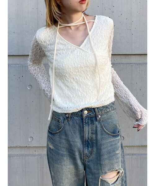 MURUA（ムルーア）の「カシュクールレーストップス（Tシャツ/カットソー・レディース・ブラウン/アイボリー/ブラック・FREE）」の14枚目の写真