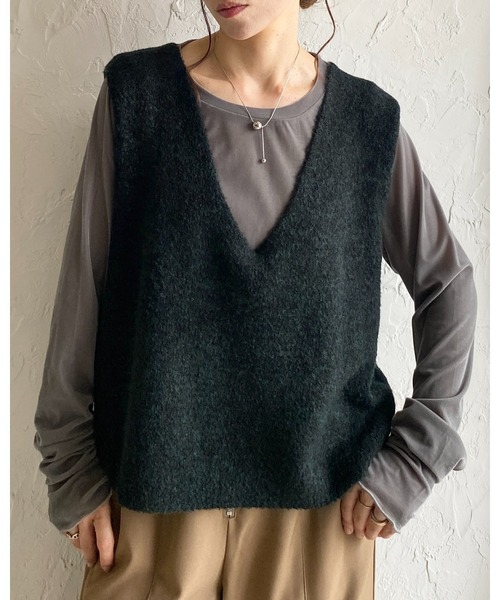 セール】オーバーサイズショート丈深Vネックニットベスト（ベスト
