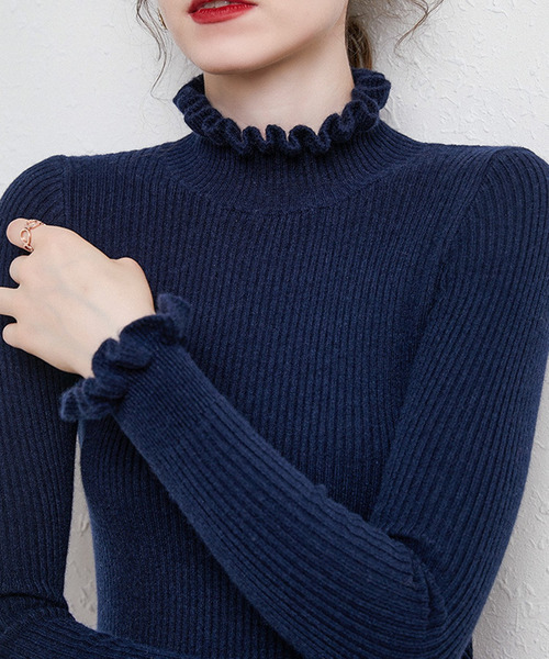 DAY CLOSET(デイ クローゼット)の「華やかネックライン。長袖フリルネックリブニットトップス レディース(ニット/セーター・レディース・グレイッシュベージュ/ネイビー/キャメル/キナリ/グレー/ホワイト/ブラック・FREE)」の1枚目の写真