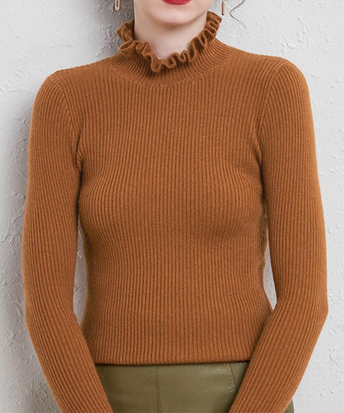 DAY CLOSET(デイ クローゼット)の「華やかネックライン。長袖フリルネックリブニットトップス レディース(ニット/セーター・レディース・グレイッシュベージュ/ネイビー/キャメル/キナリ/グレー/ホワイト/ブラック・FREE)」の7枚目の写真