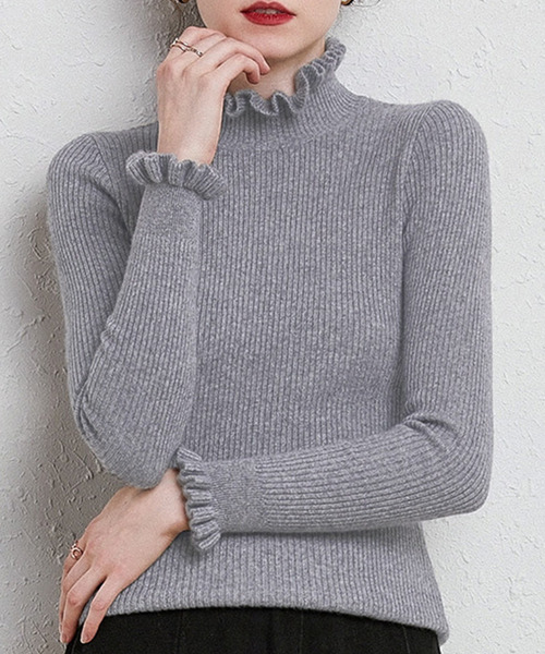 DAY CLOSET(デイ クローゼット)の「華やかネックライン。長袖フリルネックリブニットトップス レディース(ニット/セーター・レディース・グレイッシュベージュ/ネイビー/キャメル/キナリ/グレー/ホワイト/ブラック・FREE)」の5枚目の写真