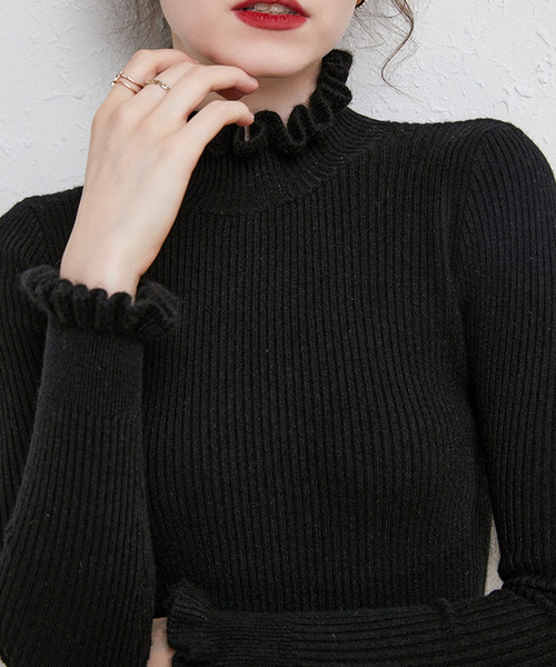 DAY CLOSET(デイ クローゼット)の「華やかネックライン。長袖フリルネックリブニットトップス レディース(ニット/セーター・レディース・グレイッシュベージュ/ネイビー/キャメル/キナリ/グレー/ホワイト/ブラック・FREE)」の4枚目の写真