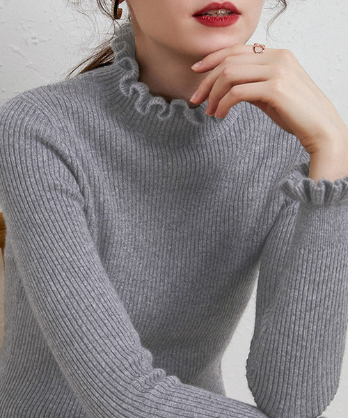 DAY CLOSET(デイ クローゼット)の「華やかネックライン。長袖フリルネックリブニットトップス レディース(ニット/セーター・レディース・グレイッシュベージュ/ネイビー/キャメル/キナリ/グレー/ホワイト/ブラック・FREE)」の11枚目の写真