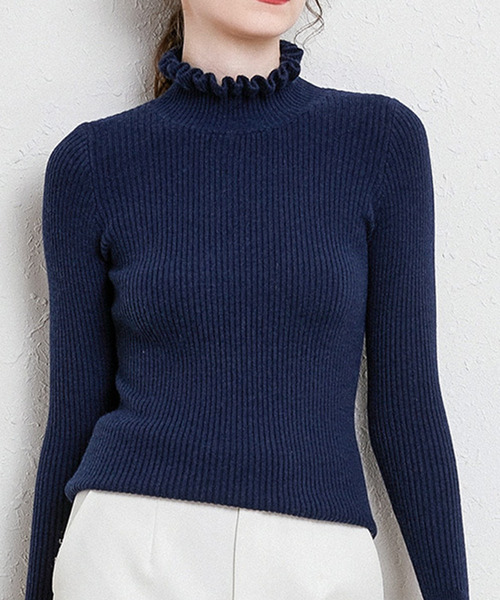 DAY CLOSET(デイ クローゼット)の「華やかネックライン。長袖フリルネックリブニットトップス レディース(ニット/セーター・レディース・グレイッシュベージュ/ネイビー/キャメル/キナリ/グレー/ホワイト/ブラック・FREE)」の12枚目の写真