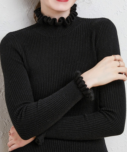 DAY CLOSET(デイ クローゼット)の「華やかネックライン。長袖フリルネックリブニットトップス レディース(ニット/セーター・レディース・グレイッシュベージュ/ネイビー/キャメル/キナリ/グレー/ホワイト/ブラック・FREE)」の10枚目の写真