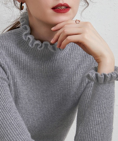 DAY CLOSET(デイ クローゼット)の「華やかネックライン。長袖フリルネックリブニットトップス レディース(ニット/セーター・レディース・グレイッシュベージュ/ネイビー/キャメル/キナリ/グレー/ホワイト/ブラック・FREE)」の21枚目の写真