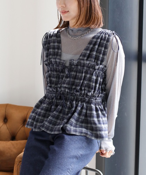 セール】〈秋冬仕様の新色♪〉チェックシャーリングビスチェ（ベスト