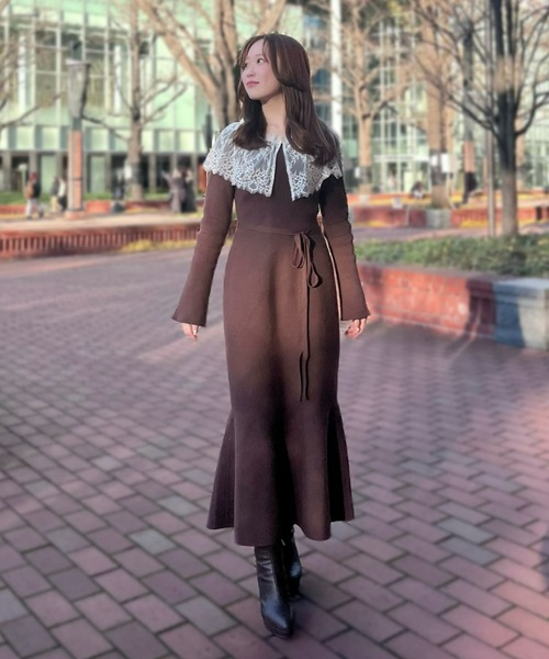 31 Sons de mode（トランテアン　ソン　ドゥ　モード）の「2025秋冬新作 ビックレース衿マーメイドワンピース（ワンピース・レディース・ベージュ/ブラック/ブラウン・ﾌﾘ-）」の4枚目の写真