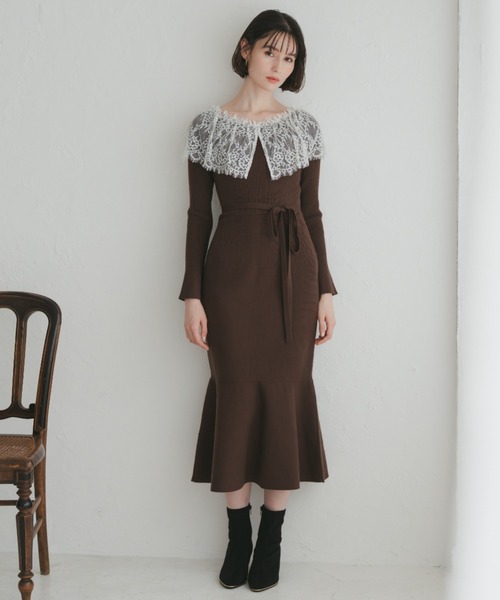 31 Sons de mode（トランテアン　ソン　ドゥ　モード）の「2025秋冬新作 ビックレース衿マーメイドワンピース（ワンピース・レディース・ベージュ/ブラック/ブラウン・ﾌﾘ-）」の13枚目の写真