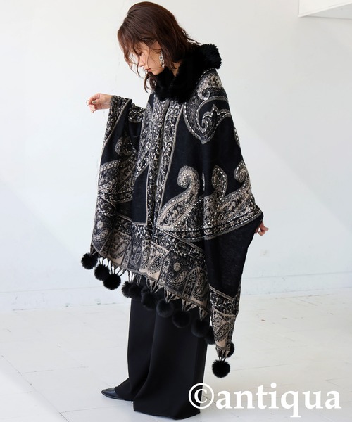 antiqua（アンティカ）の「ファー付き ポンチョ（ポンチョ・レディース・ブルー/ベージュ/ブラック・FREE）」の4枚目の写真