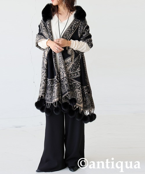 antiqua（アンティカ）の「ファー付き ポンチョ（ポンチョ・レディース・ブルー/ベージュ/ブラック・FREE）」の6枚目の写真