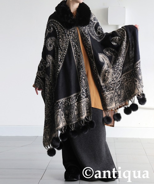 antiqua（アンティカ）の「ファー付き ポンチョ（ポンチョ・レディース・ブルー/ベージュ/ブラック・FREE）」の9枚目の写真