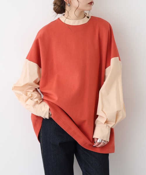 A.N.L(エーエヌエル レーベル)の「A.N.L フェイクレイヤードプルオーバー 長袖(Tシャツ/カットソー・レディース・カーキ/コーラル・38)」の1枚目の写真