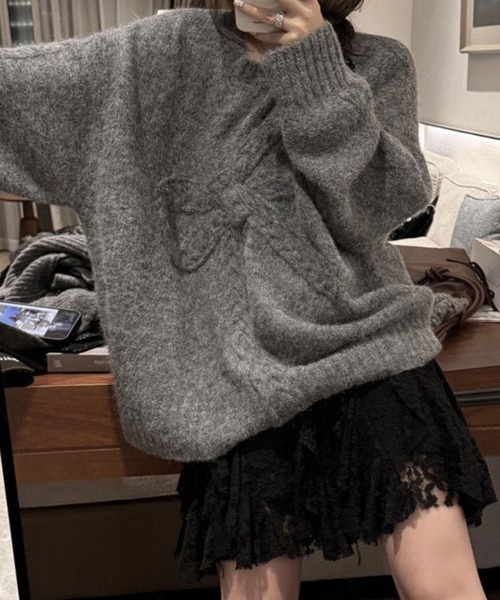 SPIGA(スピーガ)の「リボンジャガードゆったりニット(ニット/セーター・レディース・キャメル/ネイビー/オフホワイト/グレー・FREE)」の3枚目の写真