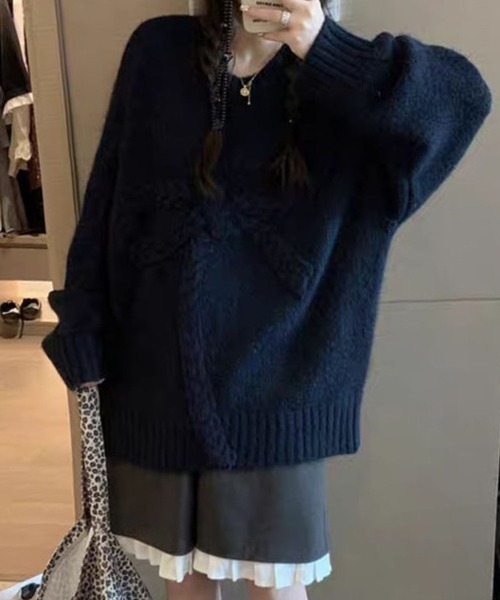 SPIGA(スピーガ)の「リボンジャガードゆったりニット(ニット/セーター・レディース・キャメル/ネイビー/オフホワイト/グレー・FREE)」の7枚目の写真