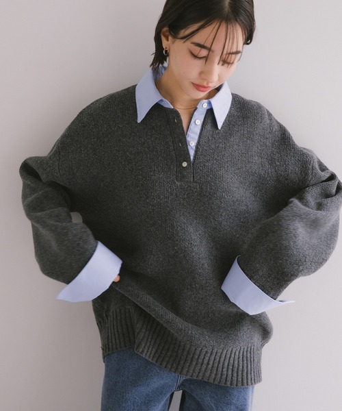 襟付きゴマジャガード長袖ニットトップス（ニット/セーター