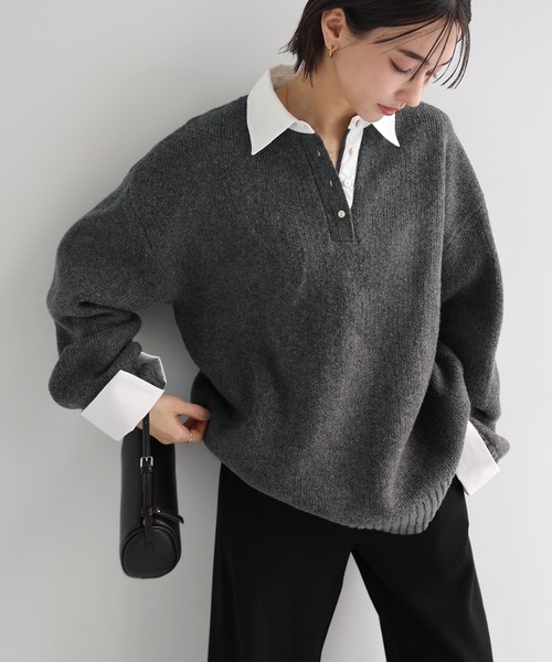 セール】襟付きゴマジャガード長袖ニットトップス（ニット/セーター