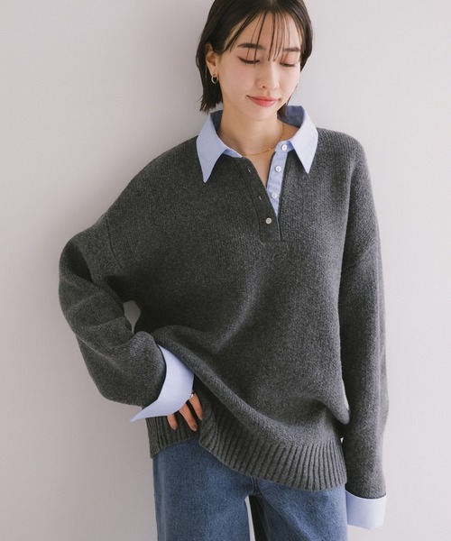 セール】襟付きゴマジャガード長袖ニットトップス（ニット/セーター