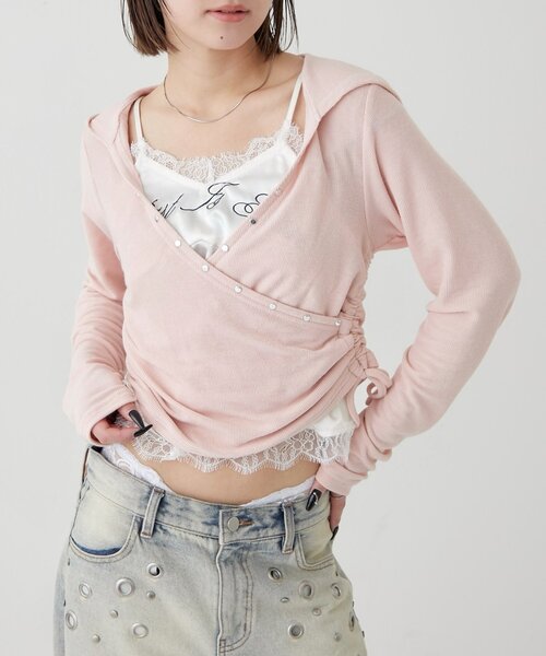 WHO'S WHO gallery（フーズフーギャラリー）の「スタッズリブカシュクールフーディ（パーカー・レディース・ブラック/オフホワイト/グレー/チャコールグレー/カーキ/ホワイト系その他/イエロー/ピンク・FREE）」の8枚目の写真