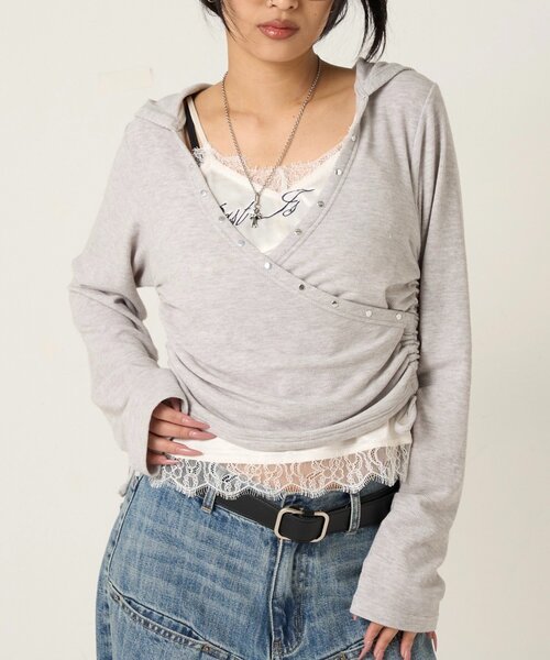 WHO'S WHO gallery（フーズフーギャラリー）の「スタッズリブカシュクールフーディ（パーカー・レディース・ブラック/オフホワイト/グレー/チャコールグレー/カーキ/ホワイト系その他/イエロー/ピンク・FREE）」の14枚目の写真