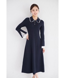 レース付きポロニットロングワンピース