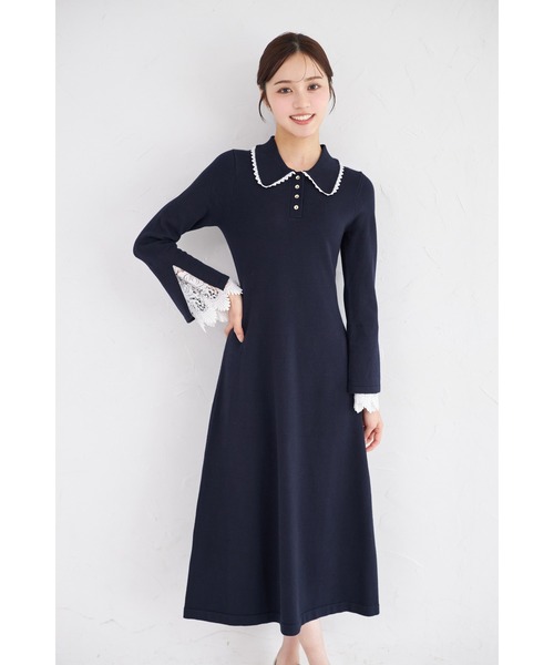 tocco closet（トッコ　クローゼット）の「レース付きポロニットロングワンピース（ワンピース・レディース・アイボリー/ネイビー/ピンク・M）」の2枚目の写真